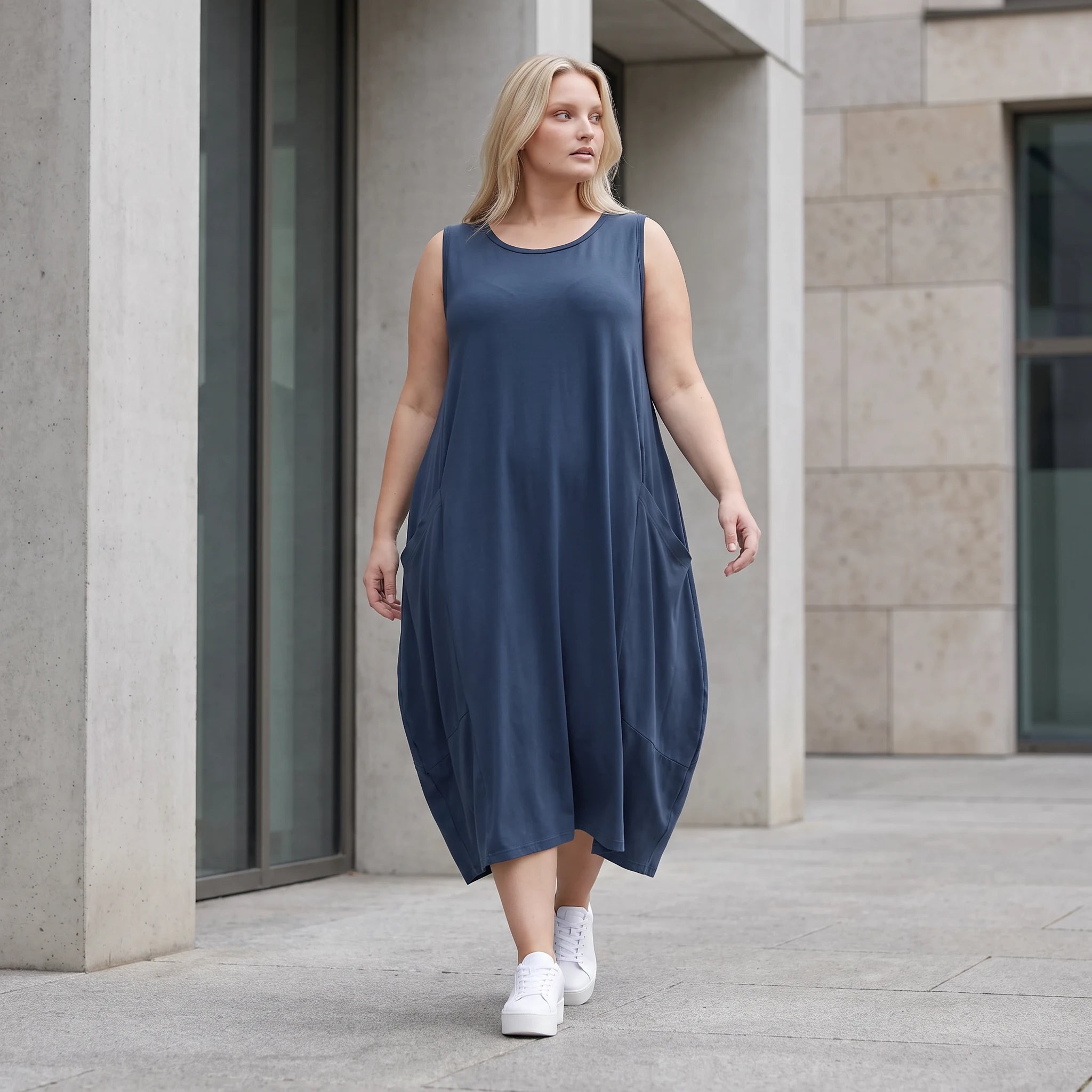 Damen Kleid Lagenlook Lyocell Petrol, Ballonschnitt, ärmellos, Flügeltaschen, Oversize große Größen – AKH Premium