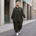 Damen Bluse Lagenlook Lyocell UrbanKhaki, A-Linie, 3/4-Arm, Knopfleiste, Oversize große Größen – AKH Premium