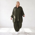 Damen Bluse Lagenlook Lyocell UrbanKhaki, A-Linie, 3/4-Arm, Knopfleiste, Oversize große Größen – AKH Premium