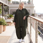 Damen Bluse Lagenlook Lyocell UrbanKhaki, A-Linie, 3/4-Arm, Knopfleiste, Oversize große Größen – AKH Premium