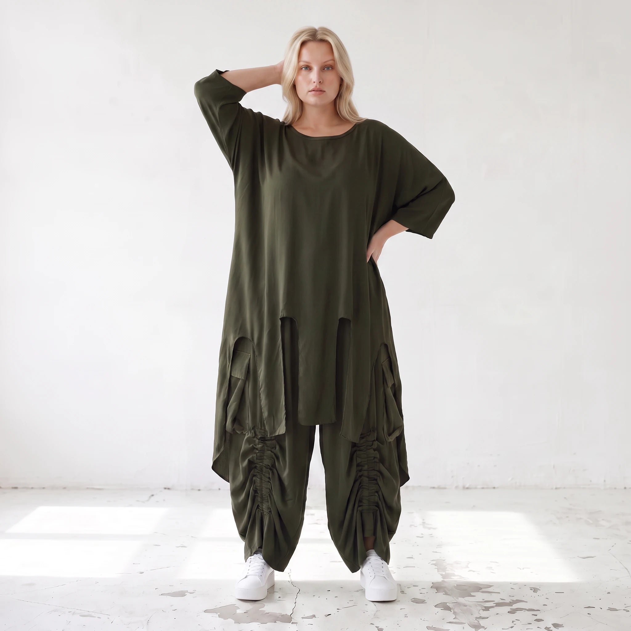 Damen Shirt Lagenlook Lyocell Khaki, A-Linie, Oversize große Größen – AKH Premium