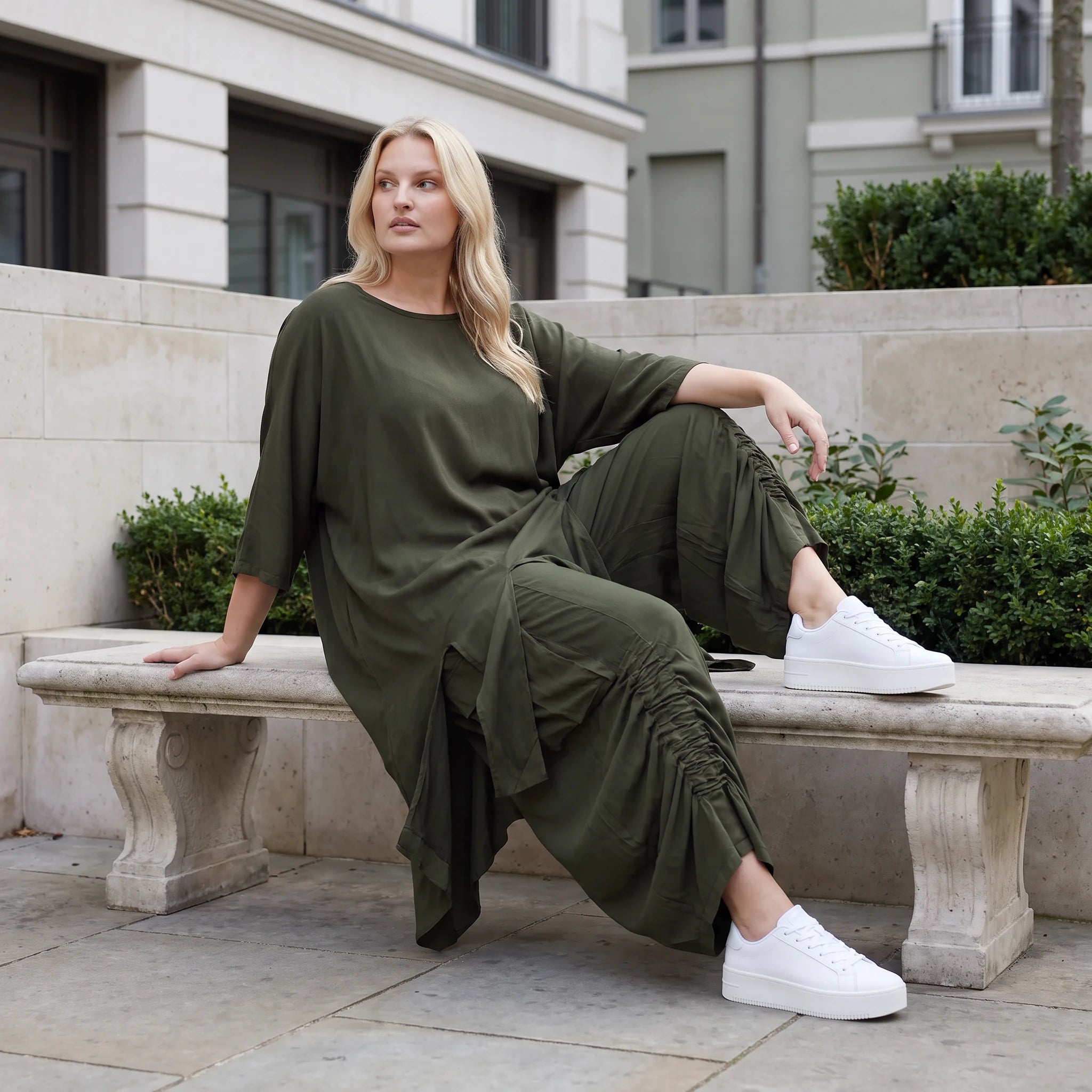 Damen Shirt Lagenlook Lyocell Khaki, A-Linie, Oversize große Größen – AKH Premium