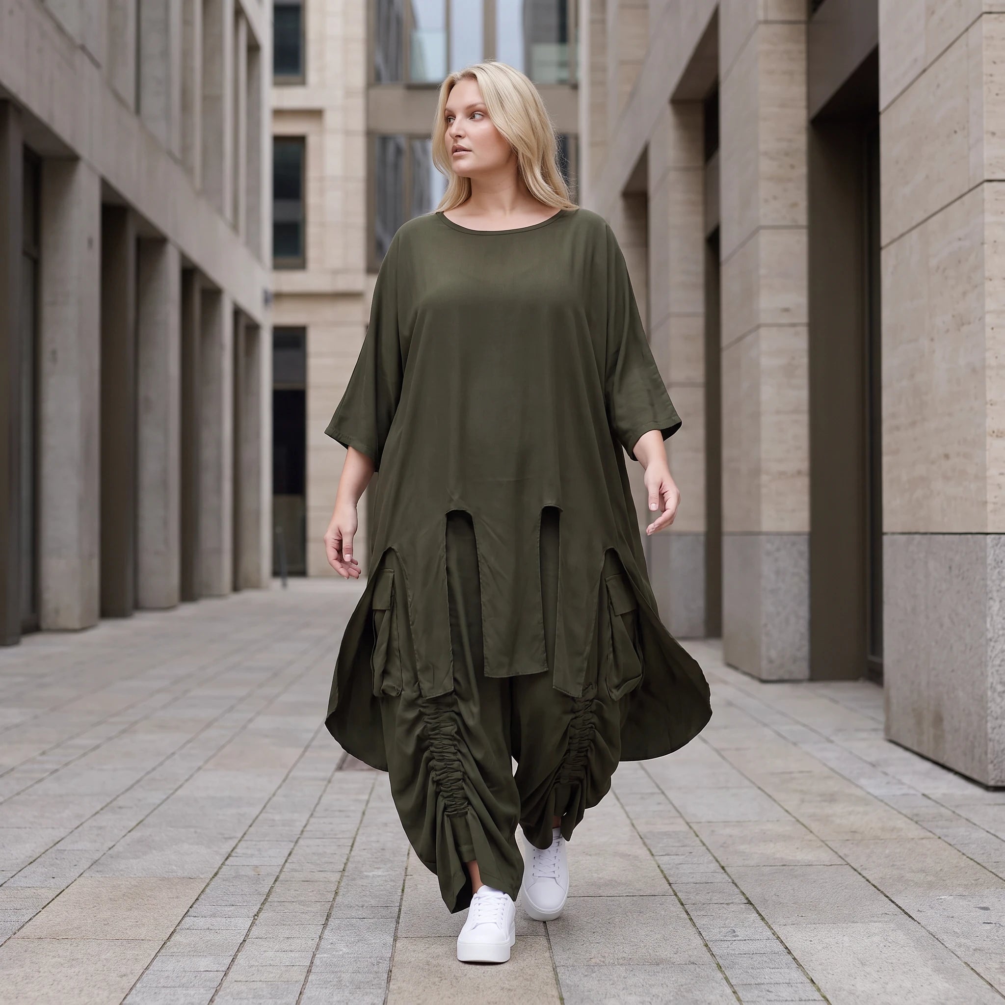 Damen Shirt Lagenlook Lyocell Khaki, A-Linie, Oversize große Größen – AKH Premium