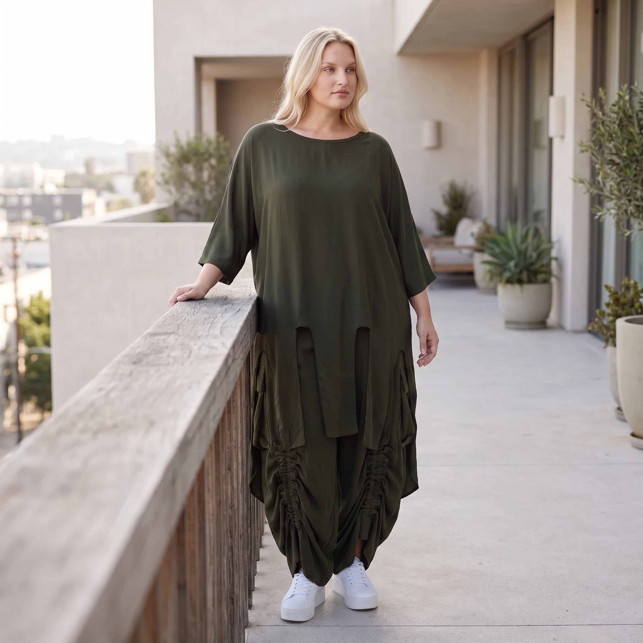 Damen Shirt Lagenlook Lyocell Khaki, A-Linie, Oversize große Größen – AKH Premium