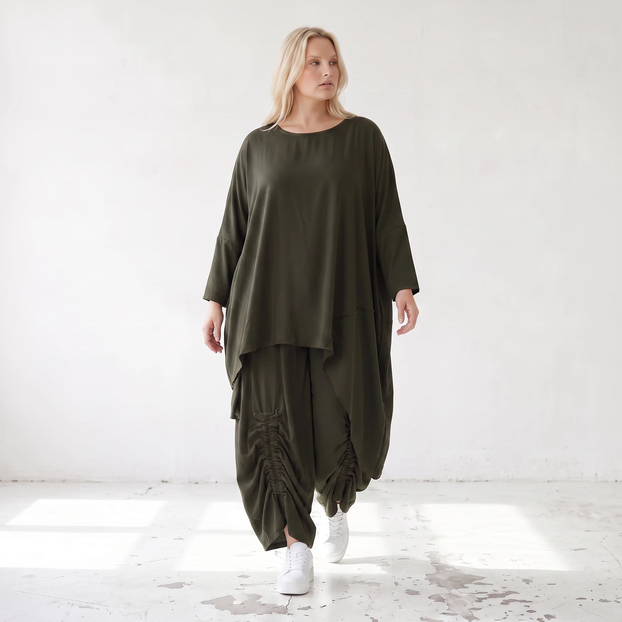 Damen Shirt Lagenlook Lyocell Khaki, gerader Schnitt, Oversize große Größen – AKH Premium