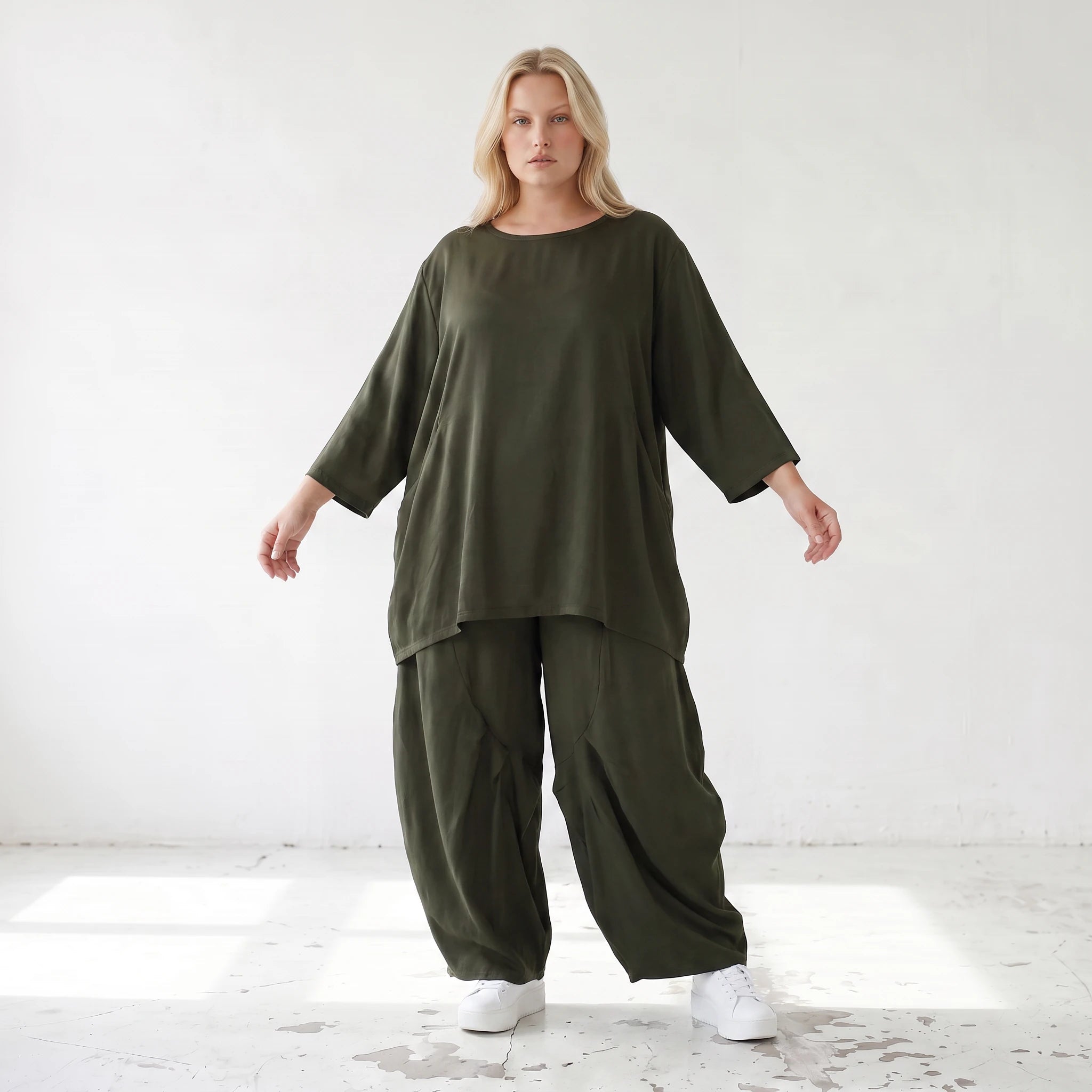Damen Hose Lagenlook Lyocell Khaki, Ballonschnitt, Oversize große Größen – AKH Premium