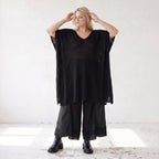Damen Shirt Lagenlook Baumwolle Schwarz, A-Form, Langarm, V-Ausschnitt, Oversize große Größen – AKH Premium