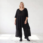 Damen Shirt Lagenlook Baumwolle Schwarz, A-Form, Langarm, V-Ausschnitt, Oversize große Größen – AKH Premium
