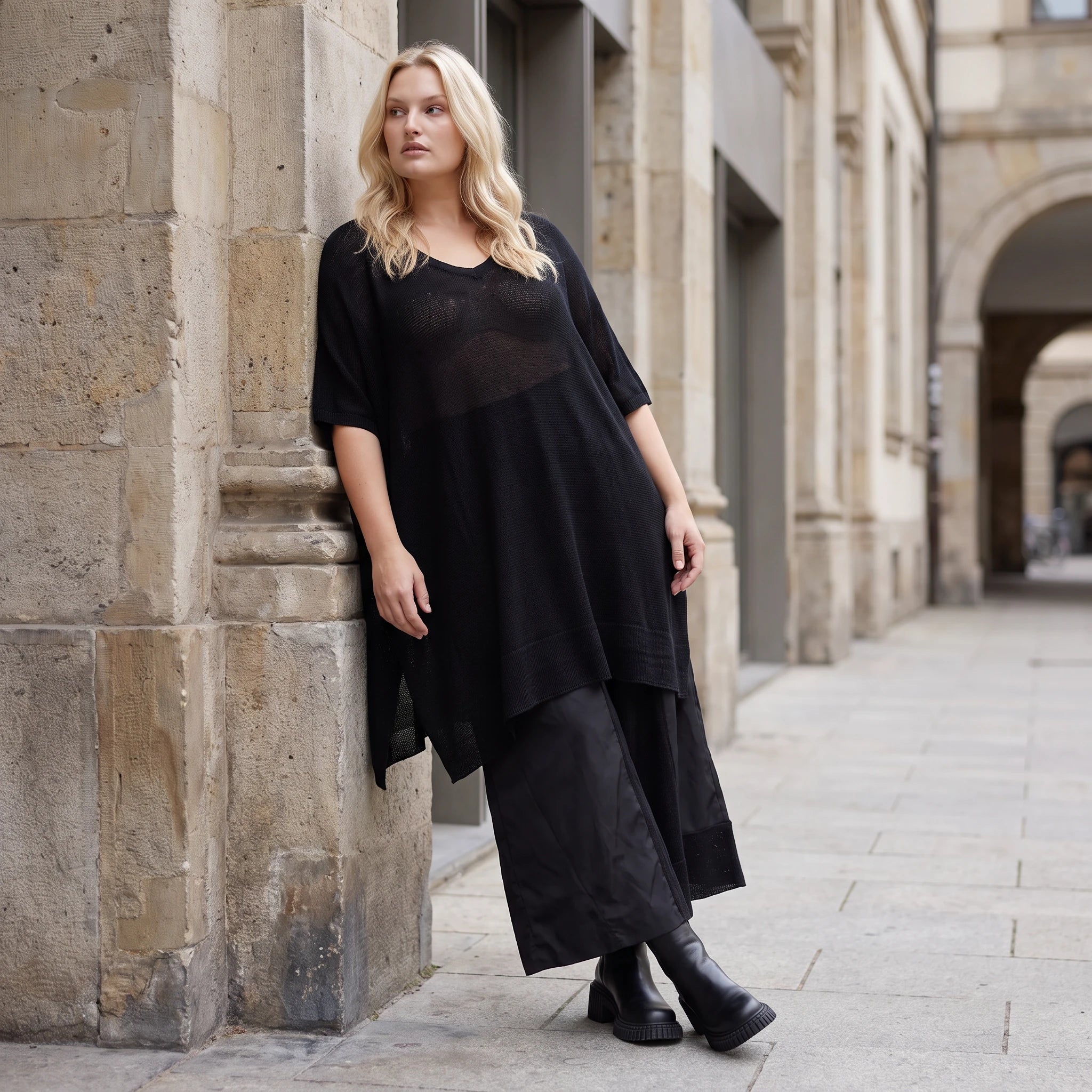 Damen Shirt Lagenlook Baumwolle Schwarz, A-Form, Langarm, V-Ausschnitt, Oversize große Größen – AKH Premium