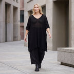 Damen Shirt Lagenlook Baumwolle Schwarz, A-Form, Langarm, V-Ausschnitt, Oversize große Größen – AKH Premium