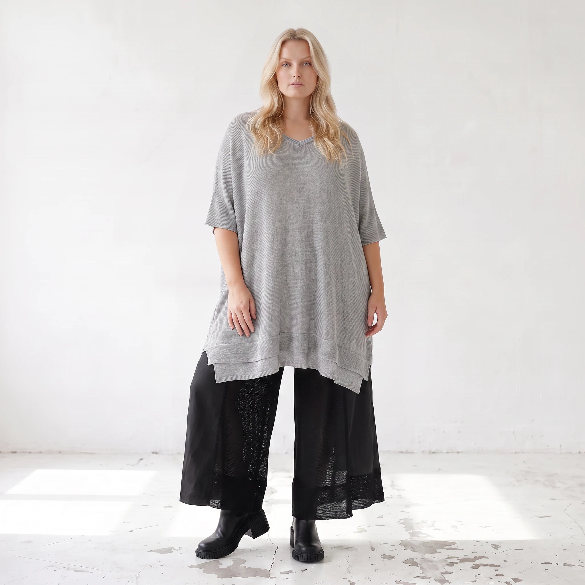 Damen Shirt Lagenlook Baumwolle Grau, A-Form, Langarm, V-Ausschnitt, Oversize große Größen – AKH Premium