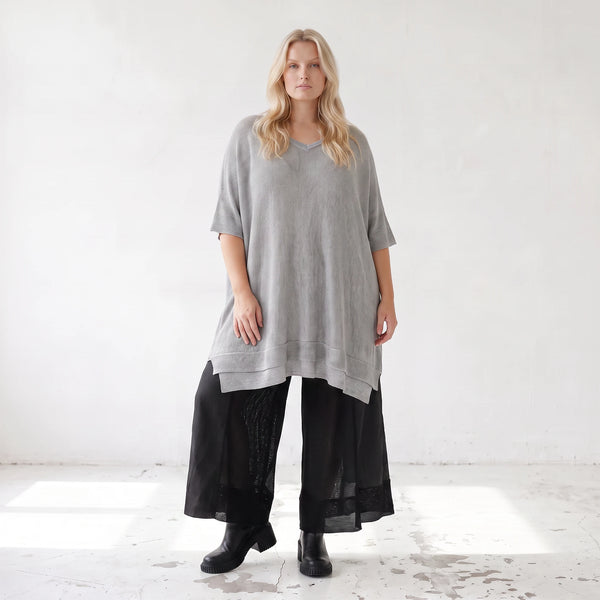 Damen Shirt Lagenlook Baumwolle Grau, A-Form, Langarm, V-Ausschnitt, Oversize große Größen – AKH Premium