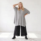 Damen Shirt Lagenlook Baumwolle Grau, A-Form, Langarm, V-Ausschnitt, Oversize große Größen – AKH Premium