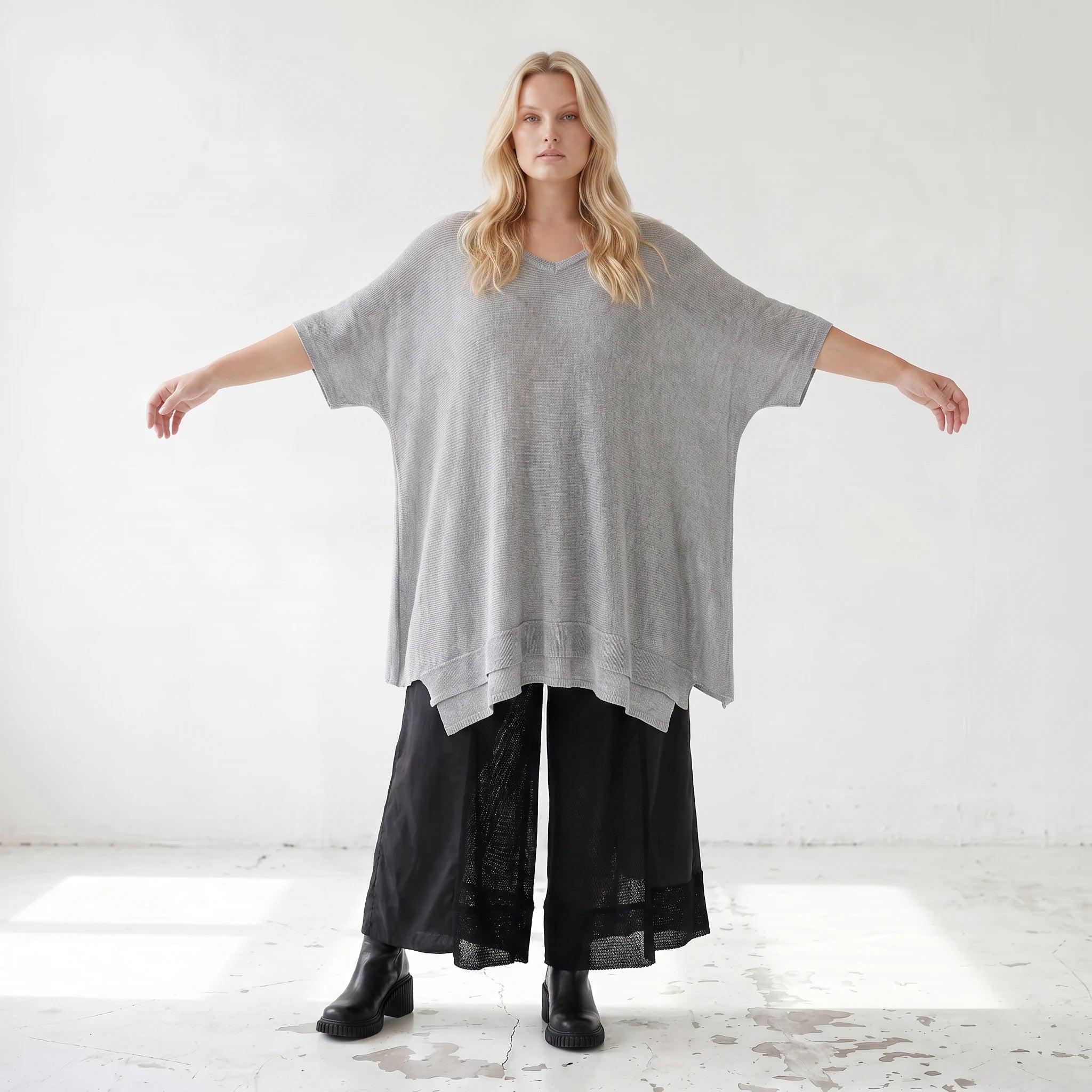 Damen Shirt Lagenlook Baumwolle Grau, A-Form, Langarm, V-Ausschnitt, Oversize große Größen – AKH Premium