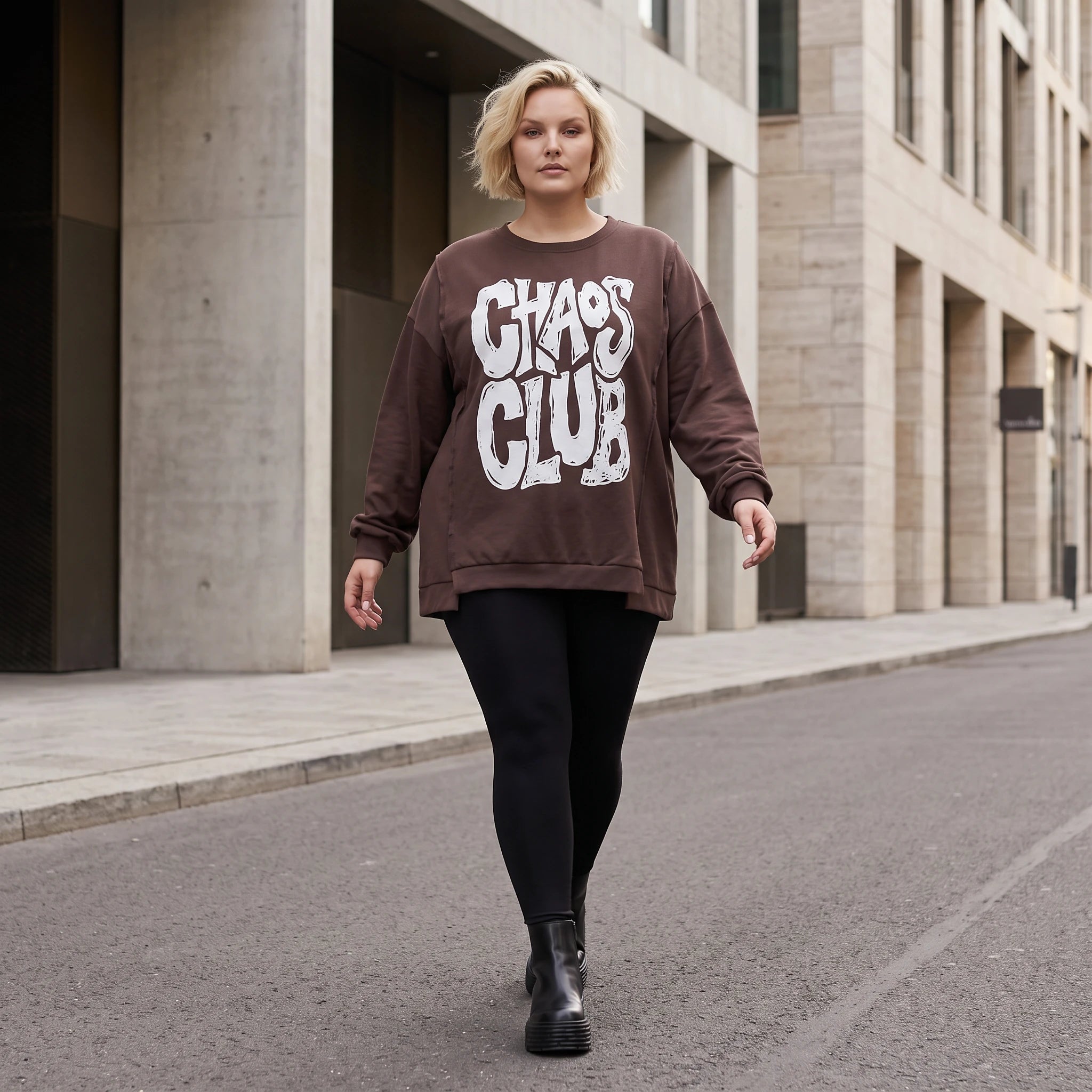 Braunes Sweatshirt mit Chaos Club Print aus French Terry und sichtbaren Außennähten