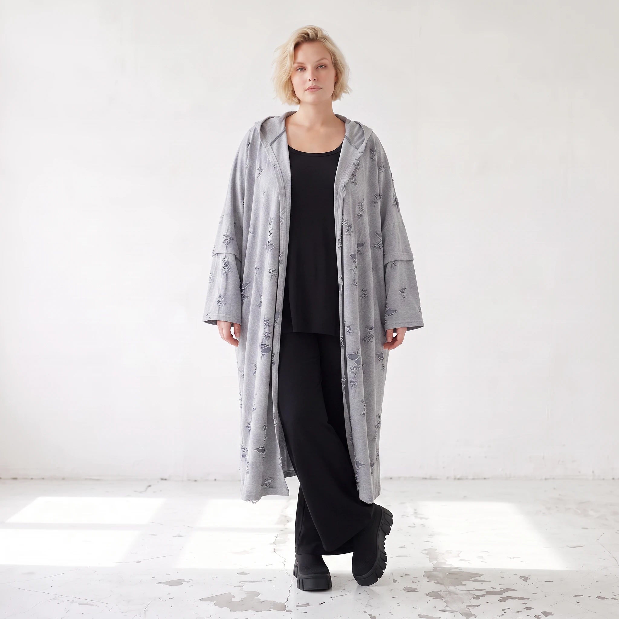 Jerseycardigan in Dusty Grey mit Kapuze aus Baumwolle und Elasthan mit geradem Schnitt