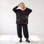 Langarmshirt aus Viskosejersey in Schwarz/Rosa mit geradem Schnitt und Stretchkomfort