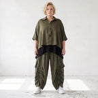 Khaki Lyocellbluse aus weichem Twill mit Hemdkragen gerundetem Schnitt und 3/4-Arm