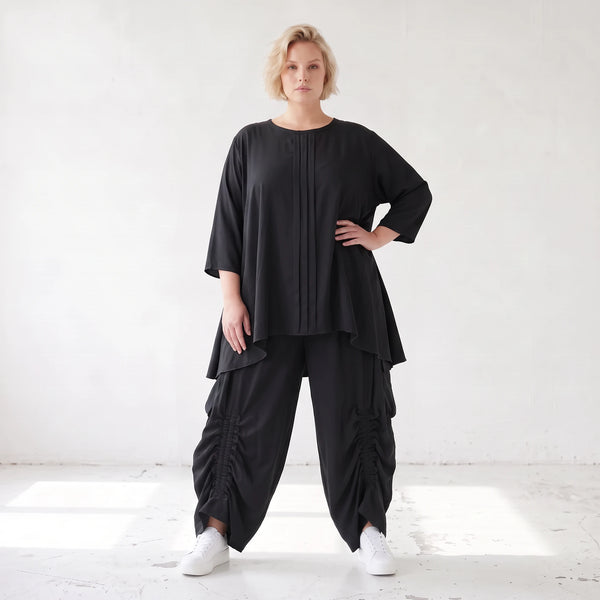 Lyocellshirt in A-Linie mit Biesenmuster zipfeligem Saum und 3/4-Arm weich fallend locker