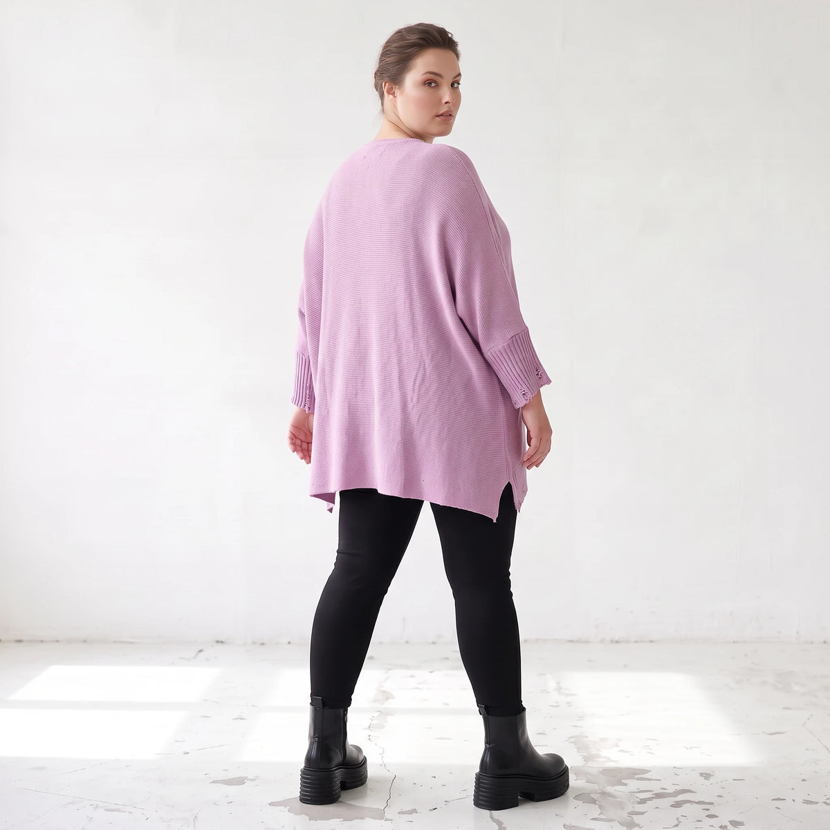 Flieder Strickshirt in A-Linie mit Destroyed-Optik kuschelig weich winterwarmes Basic