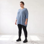Strickpullover in Jeansblau mit Destroyed Optik A-Linie Rundhalsausschnitt Taschen Langarm