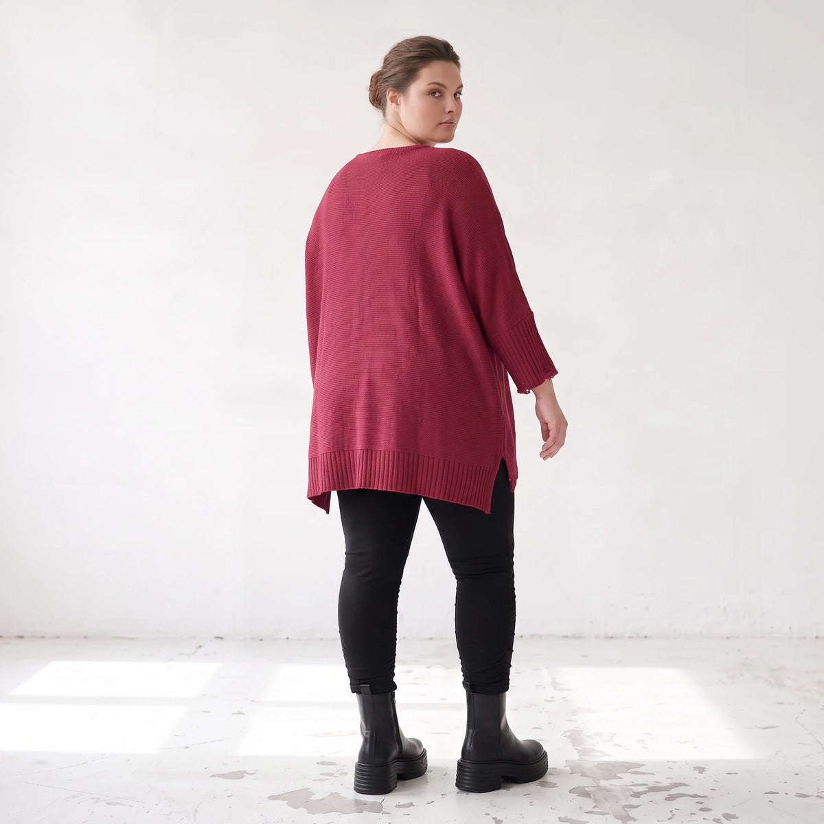 Bordeaux Strickshirt in A-Linie mit Destroyed-Optik weich warm aus Stretchstoff Basic