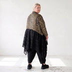 Elegante A-Linie Winterjacke in Beige/Schwarz aus Satinmaterialmix mit Netzdetails
