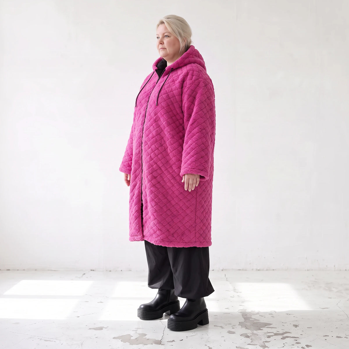 Fuchsia Teddymantel aus Pluesch mit Tuell Tunnelzug Reissverschluss geradem Schnitt