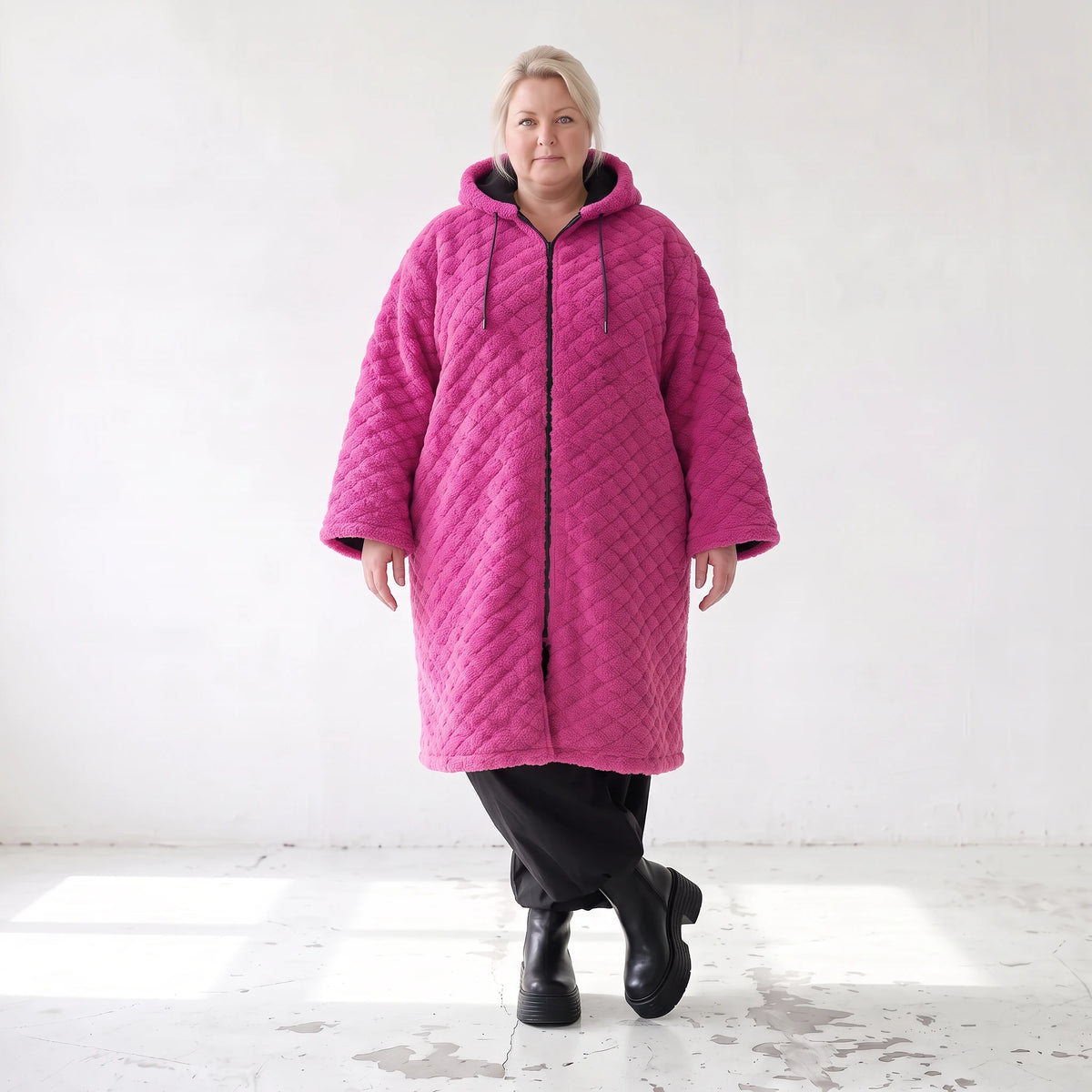 Fuchsia Teddymantel aus Pluesch mit Tuell Tunnelzug Reissverschluss geradem Schnitt