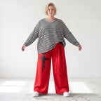 Warme Marlenehose aus Fleece mit Stretch elastischem Bund Bindegürtel und weitem Bein