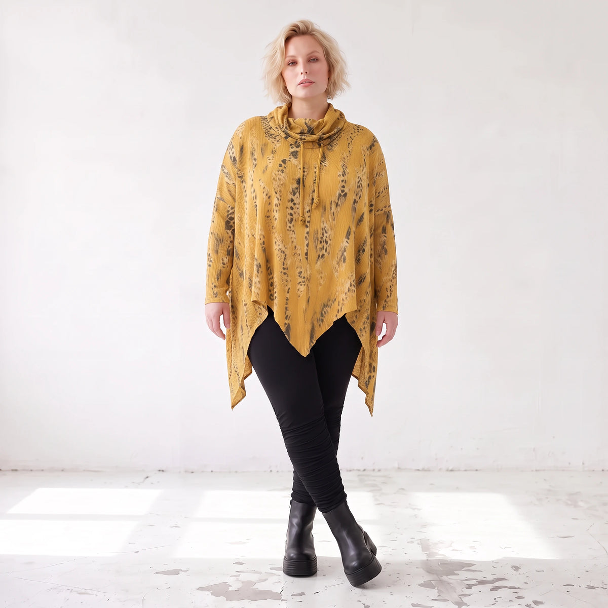 Baumwolljersey Shirt in A-Linie mit Rollkragen Tunnelzug und Zipfelsaum bequem weich