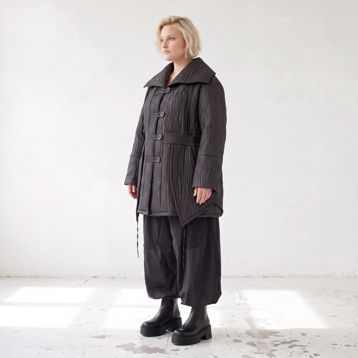 Winterjacke in Lederimitatoptik mit Tunnelzug Hemdkragen Knopfleiste und warmer Haptik