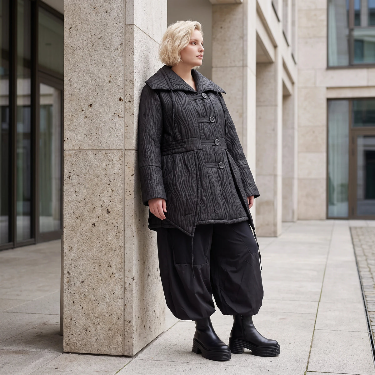 Winterjacke in Lederimitatoptik mit Tunnelzug Hemdkragen Knopfleiste und warmer Haptik