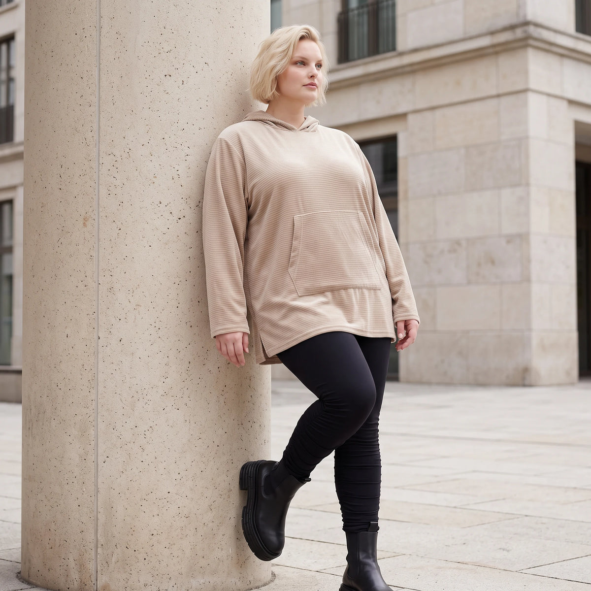 Beiger Ribb Hoodie mit Kapuze geradem Schnitt und Elasthan weiches Basic für den Alltag