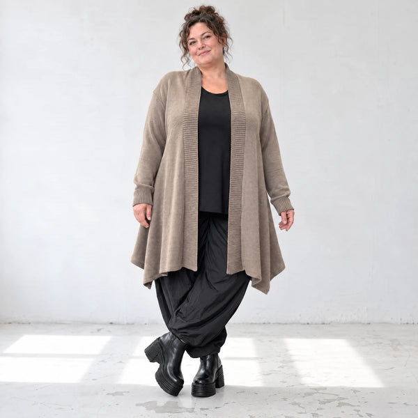 Taupe Strickcardigan in Glockenform mit Stehkragen Seitentaschen Baumwollstretch