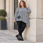 Asymmetrisches Langarmshirt in Creme/Dunkelblau mit Zipfelsaum aus weichem Stretchjersey