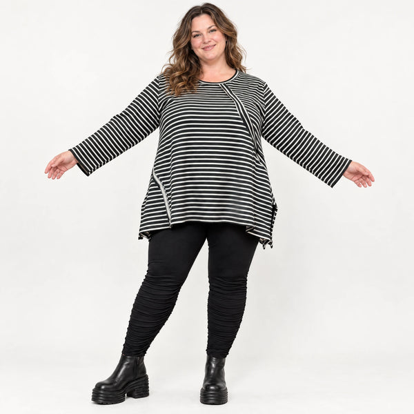 Langarmshirt Schwarz/Weiß in A-Linie aus weichem Stretchjersey mit Faltennahtmuster