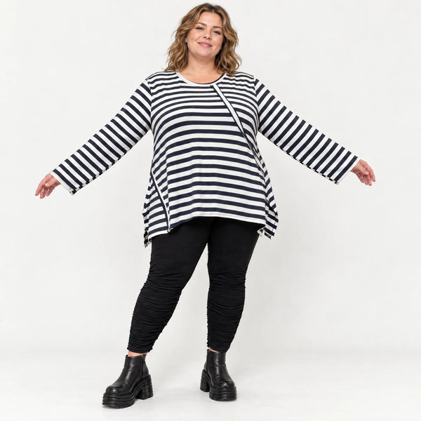 Langarmshirt Dunkelblau/Weiß aus weichem Stretchjersey in A-Linie mit Seitenschlitzen