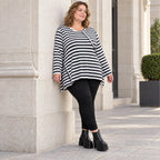 Langarmshirt Dunkelblau/Weiß aus weichem Stretchjersey in A-Linie mit Seitenschlitzen