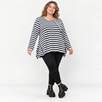 Langarmshirt Dunkelblau/Weiß aus weichem Stretchjersey in A-Linie mit Seitenschlitzen