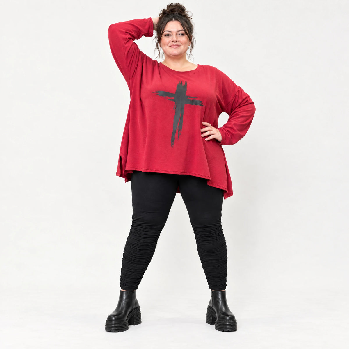 Langarmshirt in Rot mit Rundhalsausschnitt und fließender A-Linie aus Stretchjersey
