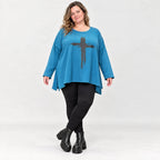 Blaues Langarmshirt aus warmem Stretchjersey mit Rundhalsausschnitt in lässiger A-Linie