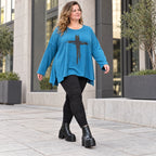Blaues Langarmshirt aus warmem Stretchjersey mit Rundhalsausschnitt in lässiger A-Linie