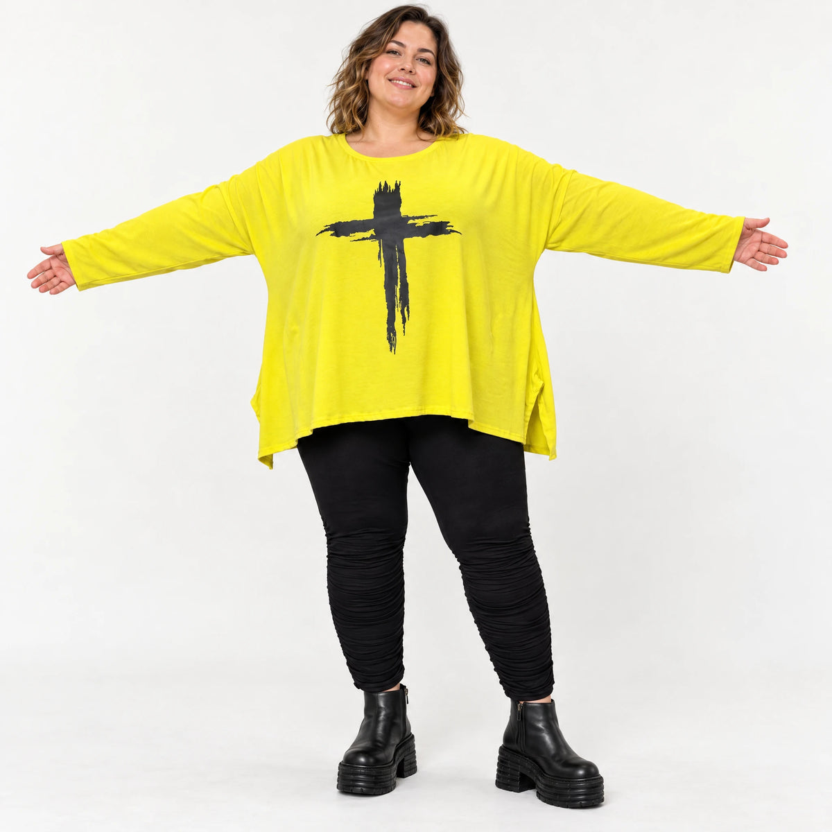 Langarmshirt in strahlendem Gelb aus weichem italienischem Stretchjersey mit A-Linie