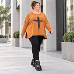 Braunes Langarmshirt mit fließender A-Linie und Rundhalsausschnitt aus Stretchjersey