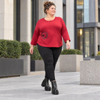 Rotes Shirt aus Stretchjersey mit Rundhalsausschnitt 7/8-Arm und aufgesetzten Taschen