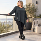 Schwarzes Langarmshirt mit asymmetrischem Zipfelsaum in warmem Stretchjersey aus Italien