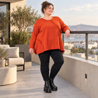 Langarmshirt in Orange mit Rundhalsausschnitt und fließender A-Linie aus Stretchjersey