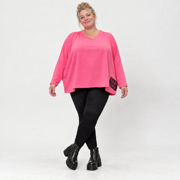 Langarmshirt in Pink aus weichem Stretchjersey mit V-Ausschnitt und kastiger Silhouette