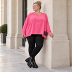 Langarmshirt in Pink aus weichem Stretchjersey mit V-Ausschnitt und kastiger Silhouette